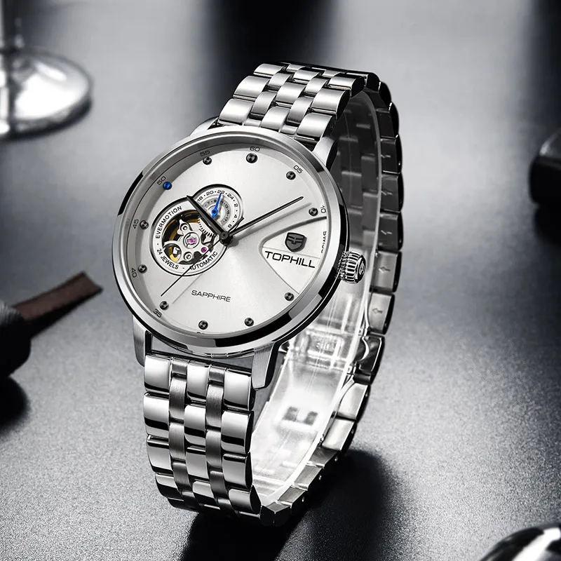 

TOPHILL Business Men's Mechanical Watches Automatic Movement Watch 5ATM Hollow out Transparent Water Resistant Mens Wristwatch