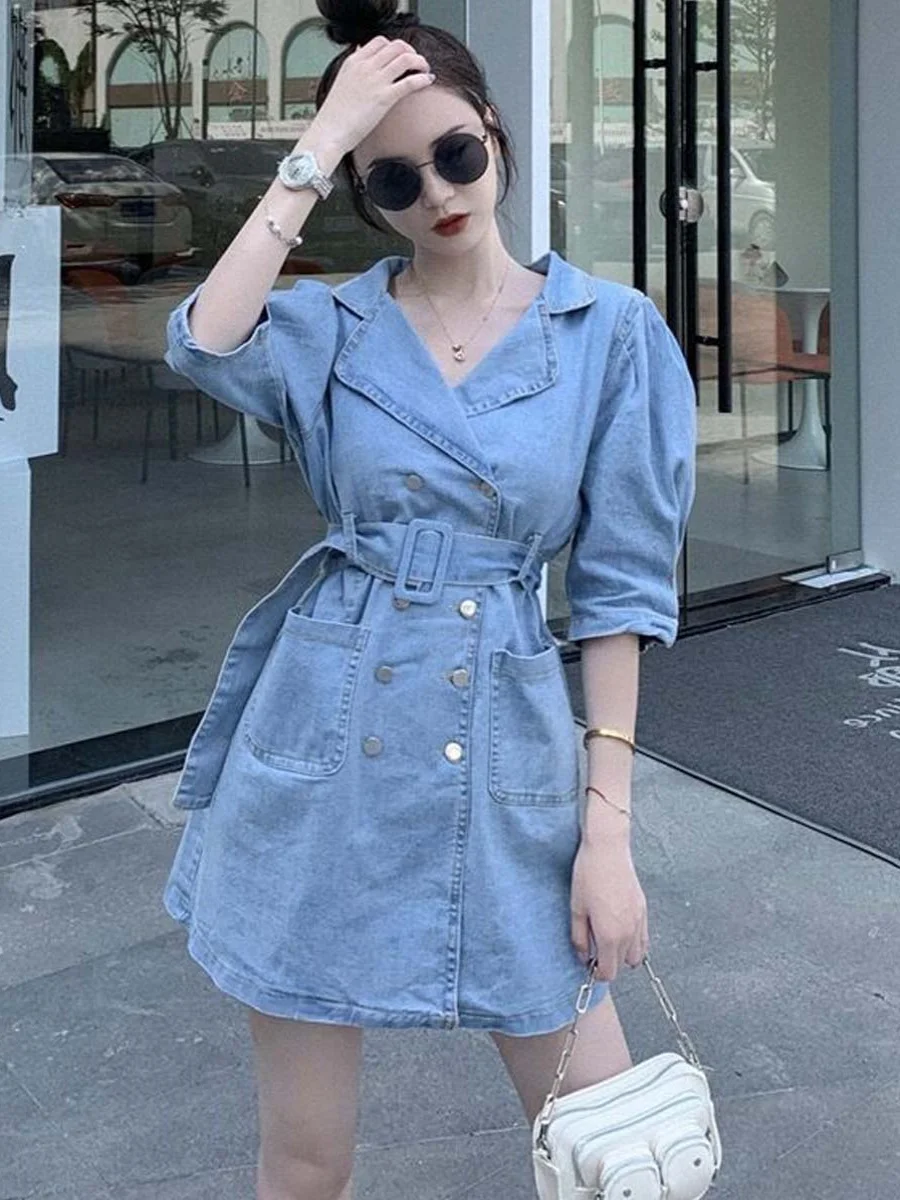 Retro Bubble Sleeve Stand Collar Slim Fit A-Line One-Piece Dress Women's Autumn New Hollow out Backless Denim Dress
