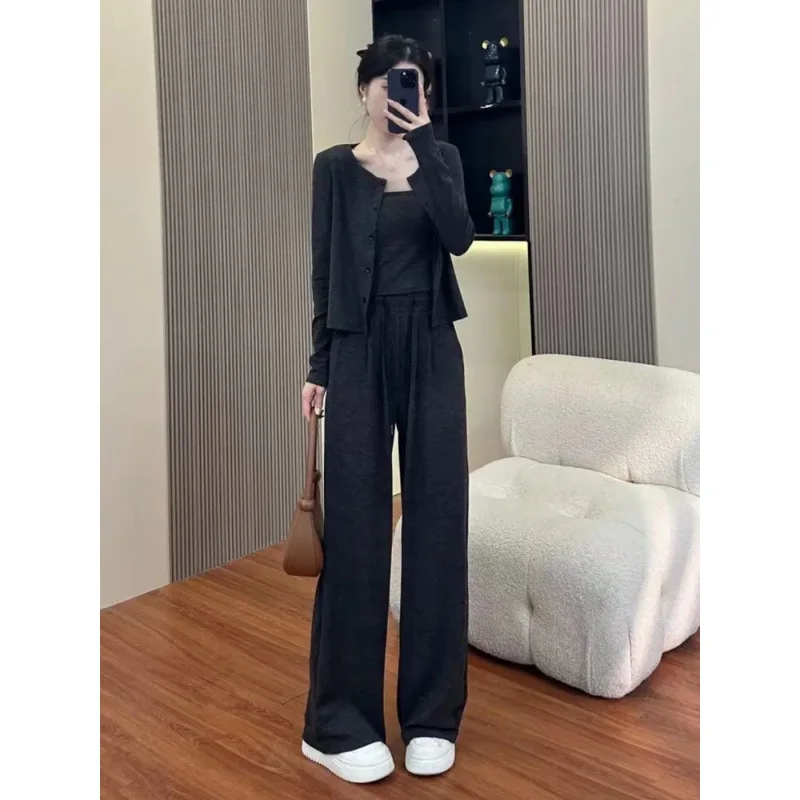 Lazy Relaxing Sports Leisure Set for Women Spring Autumn New Loose Open Top Straightening Strap Wide Leg Pants Three Piece Set
