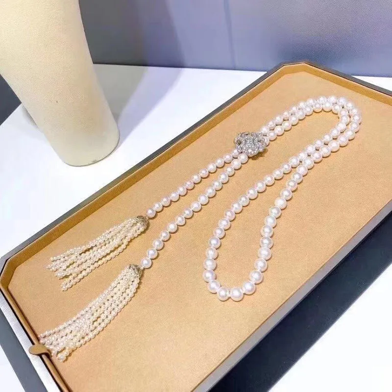8-9mm Freshwater Pearl Necklace, Double Fringe Tassel Choker with Adjustable Chain, White Pearl Lariat for Sweater, Daily Wear