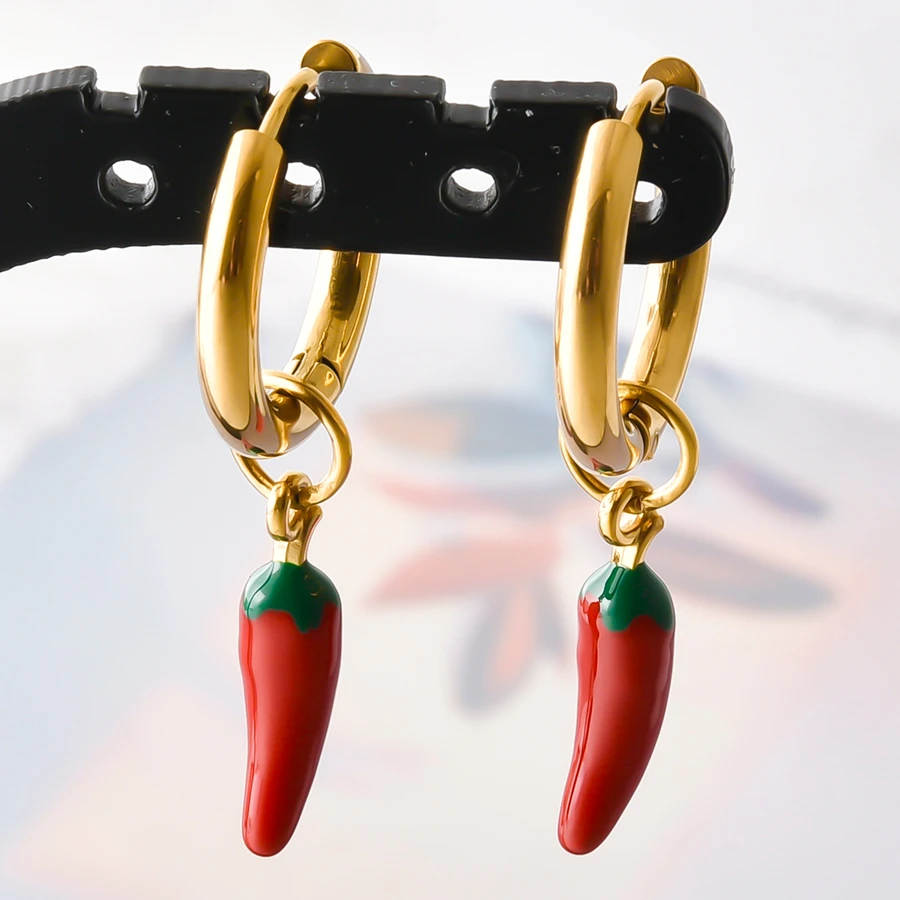 316 Edelstahl Stereoskopische Kawaii Enten-Erdbeer-Kirsch-Paprika Hängeohrringe für Damen und Herren Schmuck Piercing Geschenk – Detail 15