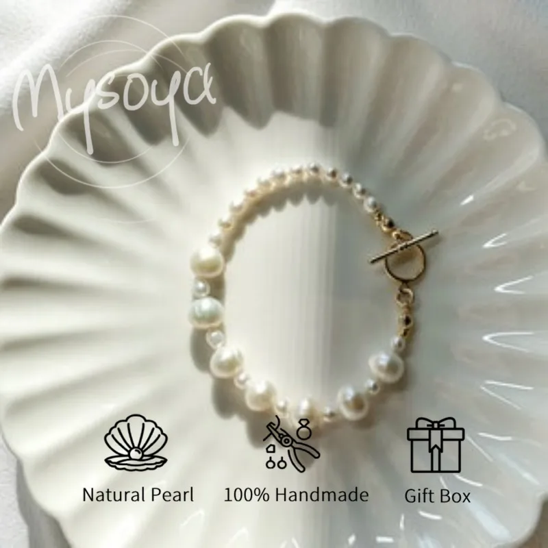 

MYSOYA White Freshwater Pearl Bracelet 5-8mm With Gift Box For Him/Her Birthday/Wedding/Christmas/New Year/Anniversary Gift