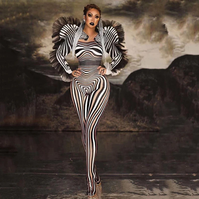 Sexy New Fashion Zebra Pattern Jumpsuit Women Singer Stage Outfit Bar DS Dance Cosplay Bodysuit Performance Show Costume