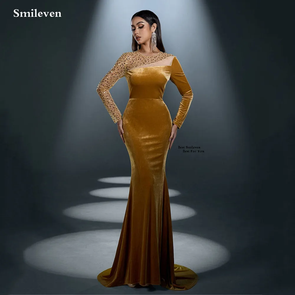 Smileven 高級マーメイドプロムドレス ビーズ装飾 自己修養 スクープパーティードレス ベルベット フルスリーブ オケージョンドレス カスタマイズ 2026
