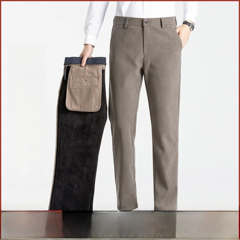 

Busin Casual Men's Fce Lined Thermal Pants Autumn Winter New Arrival Straight Leg Polyester Fiber mid Waist Zipper