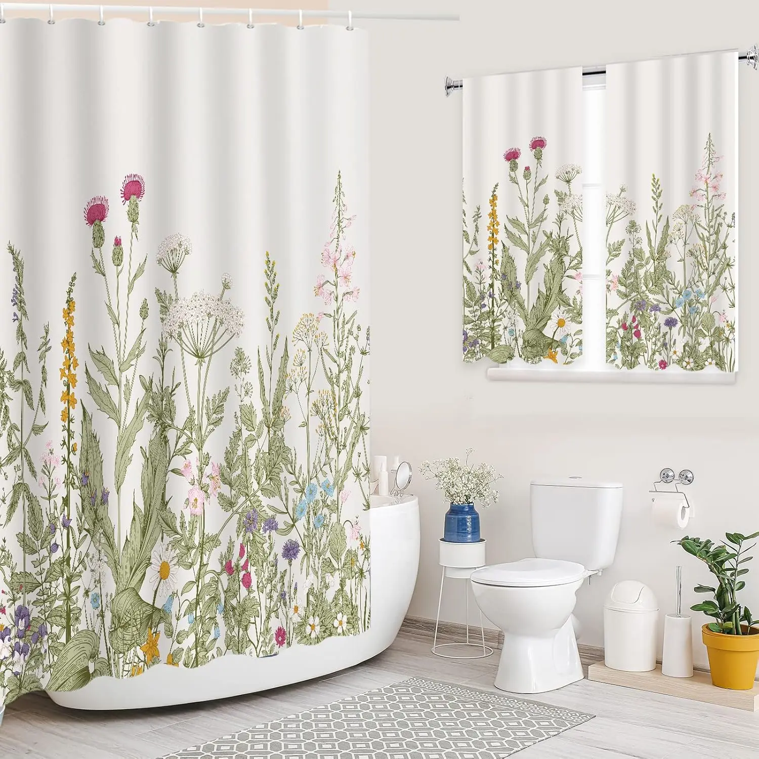 

2 Piece Wildflower Botanical Shower Curtain Set with Window Curtain, 72x72 with 30x36 inches, Floral Plant Sage Green Le