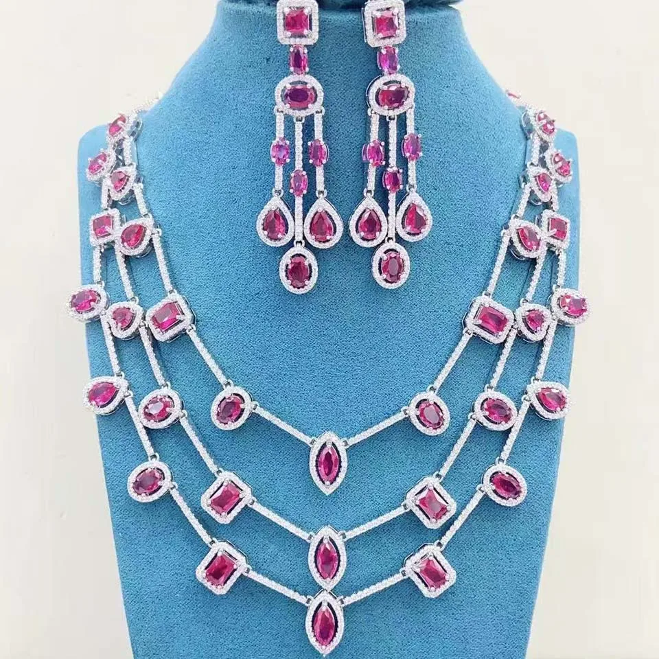 Zlxgirl Brand Pink green Blue Cubic Zircon wedding jewelry sets Fashion Women's Bridal Necklace and Earring couple gift
