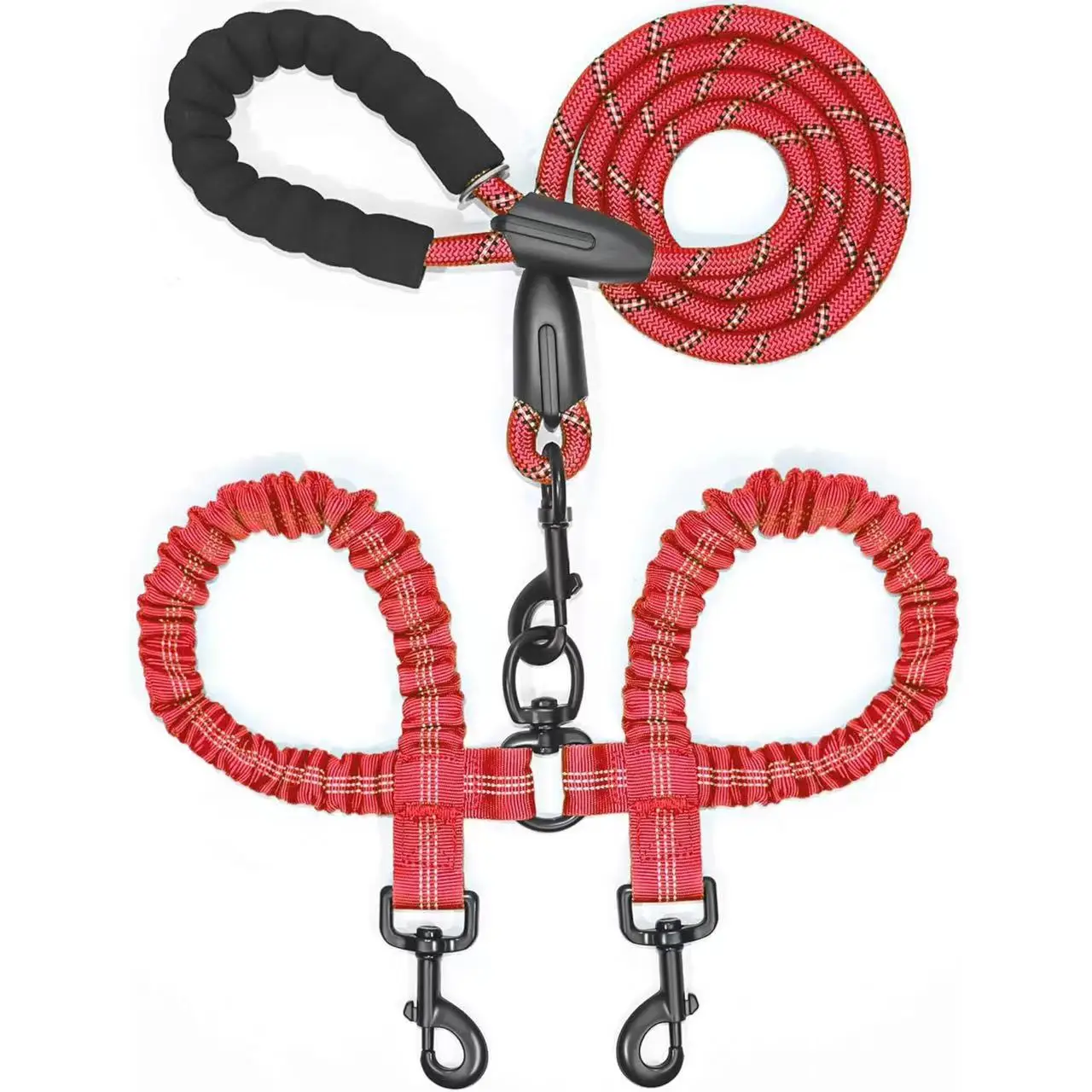 Doppelte Hundeleine, doppelte Hundeleine, 360° drehbare Gehleine ohne Verwicklung, stoßdämpfendes Bungee für zwei Hunde – Detail 6
