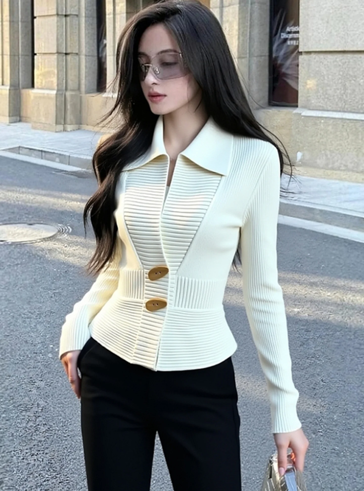 

Slim Fit Long Sve Knitted Open Cardigan Women's Faion Ele Sle Metal Button Waist Cinched High Quali Luxury Sensa...