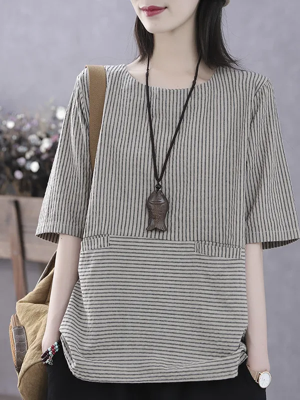 

Женская летняя тонкая повседневная свободная футболка в полоску со средним рукавом для похудения, льняная футболка обычной длины F...