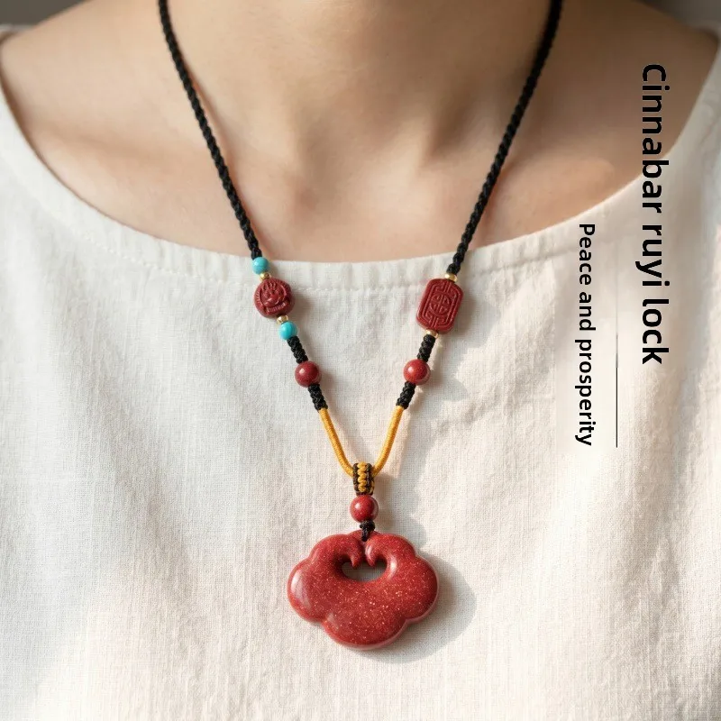 Chinese Style 99 High Purity Purple Cinnabar Auspicious Cloud Ruyi Lock Pendant Good Luck Blessing Fortune Attracting Unisex Nec