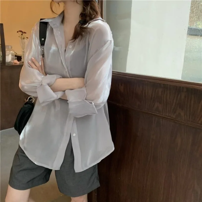 QWEEK  Satin Oversized Long Sleeve Shirt Woman Basic Office Ladies Blouses Korean Fashion Summer Transparent  Aesthetic 2024