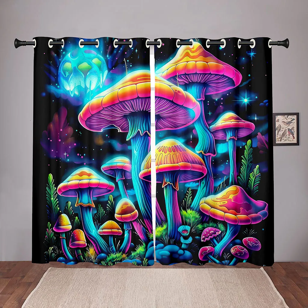 

2 Pcs Neon Mushroom Curtains Fantasy Forest Print Living Room Bedroom Decorative Curtains Dreamy Starry Sky Sun Shade Drapes