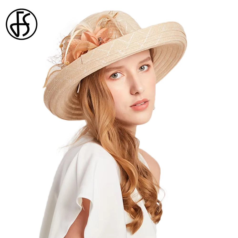 FS Summer Wide Brim Bucket Hat For Women Ladies White Bowknot Church Hats Luxury Organza Fedoras Beach Sunshade Derby Hats 2026