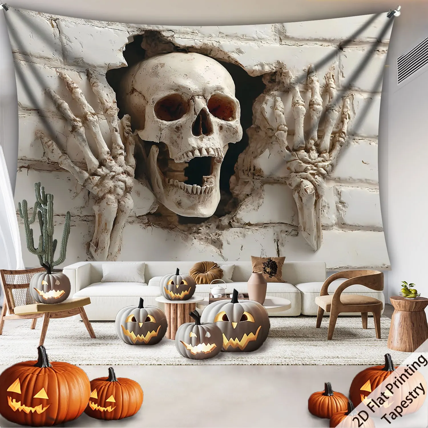 3D Skull Tapestry, Horror Skeleton Hands Wall Hanging, Scary Halloween Decor for Bedroom Living Room Background