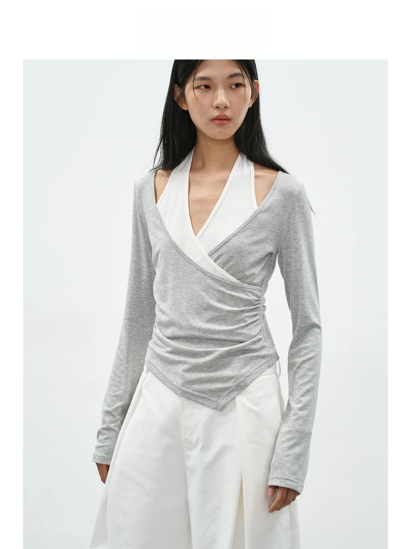 

EIGHTHMONTH Women's Long Sve T-irt Dstring Crossed Design Casual Sle Waist-Cinching Trendy Top in ey And White