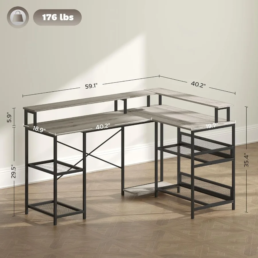 مكتب على شكل حرف L مع أضواء LED ومنافذ طاقة 59 مكتب ألعاب مع حامل شاشة وأرفف تخزين للمنزل والمكتب والمنتجعات الصحية الصغيرة