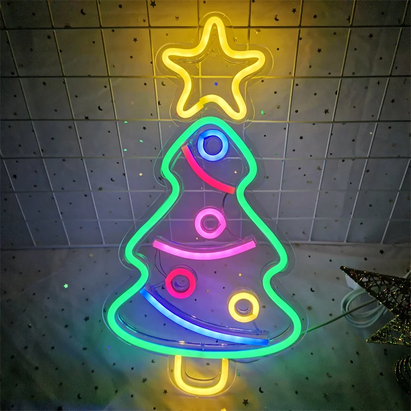 Christmas Decoration LED Neon Sign Light Deer Head LED Lamp Christmas Hat Elk Tree Snowflake Decor Room Wall Shop Window Hang