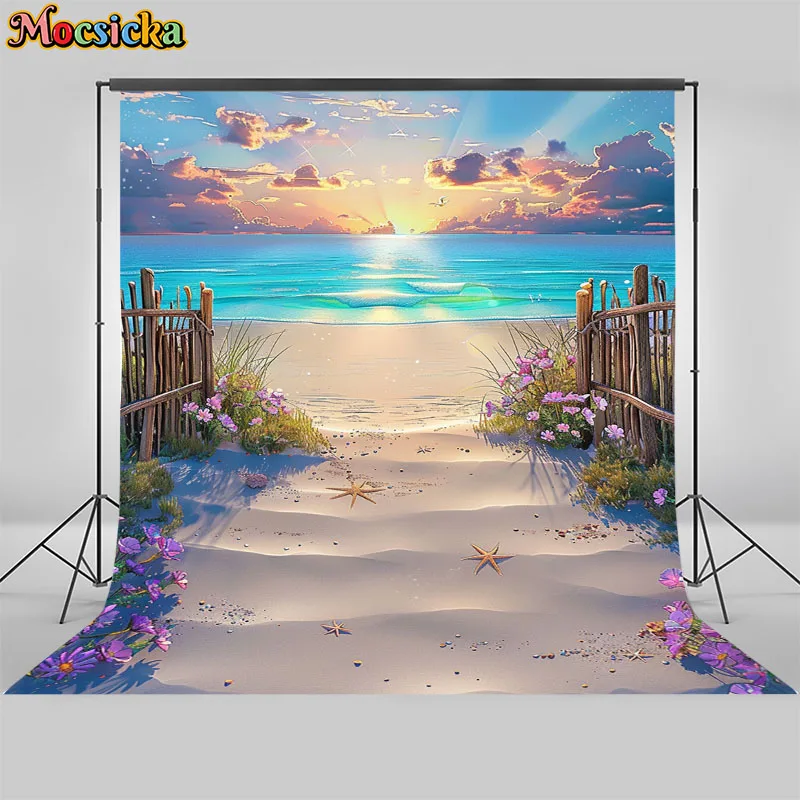 Mocsicka Summer Beach Photography Background Hawaii Beach Fence Party Decorations Supplies Boys Girls Photo Backdrop Studio Prop