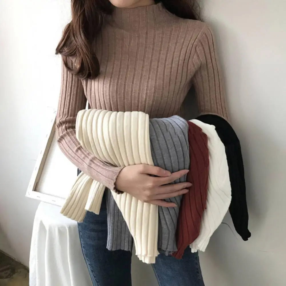 

Autumn Winter Mock Neck Women Sweater Vintage Basic Solid Knitted Tops Casual Slim Pullover Korean Sweaters Simple Chic Jumpers
