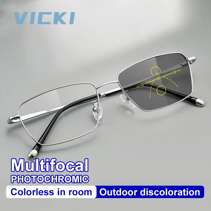 VICKI Pure Titanium Retro Business Progressive Multifocal Men's Photochromic Anti Blue-ray Glasses Customizable Prescription