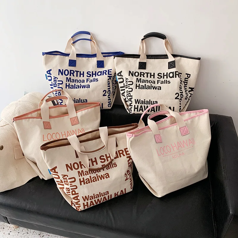 Hot Sell Women\'s Letter Print Canvas Shoulder Bag Storage Handbag Female Trendy Large Capacity Simple Literature Art Tote