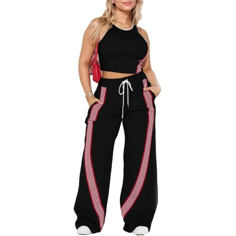 2 peça define feminino terno esportivo fino ajuste colete superior calças de perna larga listrado cintura elástica cordão calças esportivas agasalho