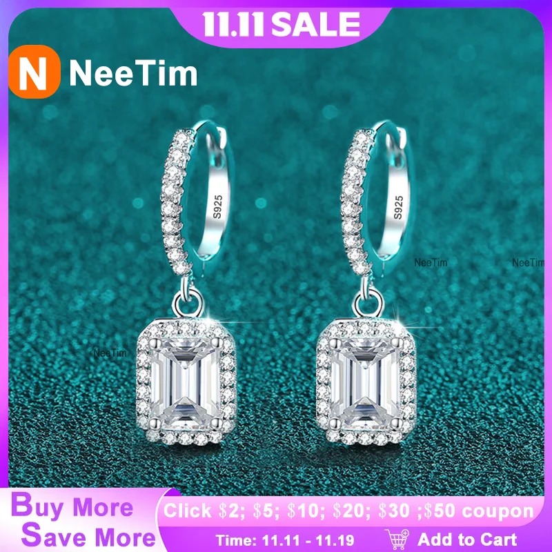 

Женские серьги NeeTim с муассанитом 1 карат и 2 карата, серебро 925 пробы с позолоченными лабораторными бриллиантами, сияющей изумрудной огранки, сверкающие серьги-капли