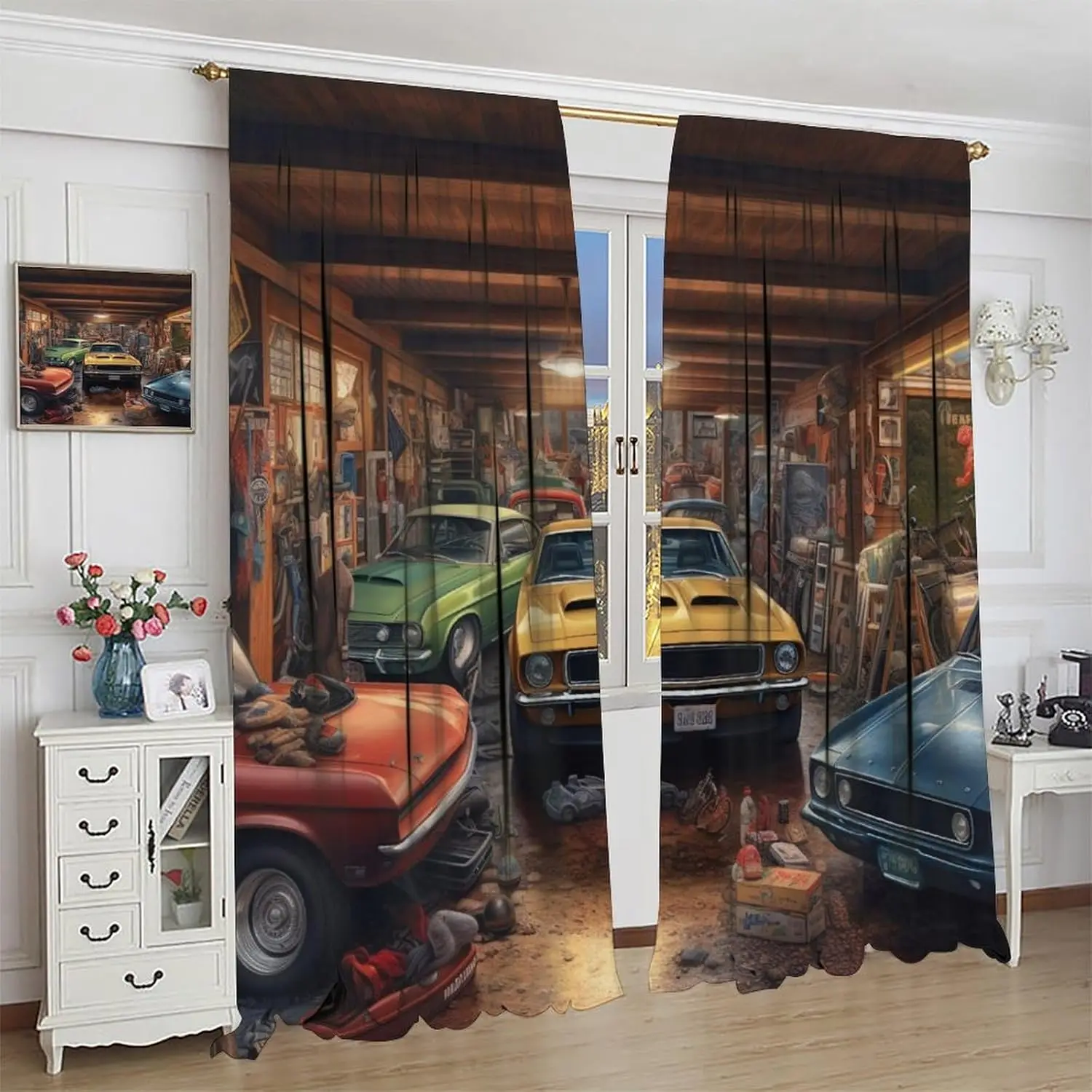 

Rustic Car Decor Curtains, Cartoon Retro Barn Farmhouse Vintage Antique Old Car Window Treatments 2 Panels Curtain for Man Boy