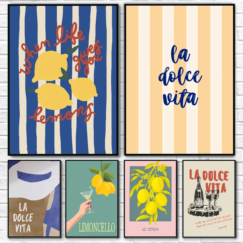 Póster minimalista de la lona de limón de La Dolce Vita, arte de pared de fruta de limón fresco para sala de estar moderna, dormitorio, Bar, cafetería y decoración del hogar