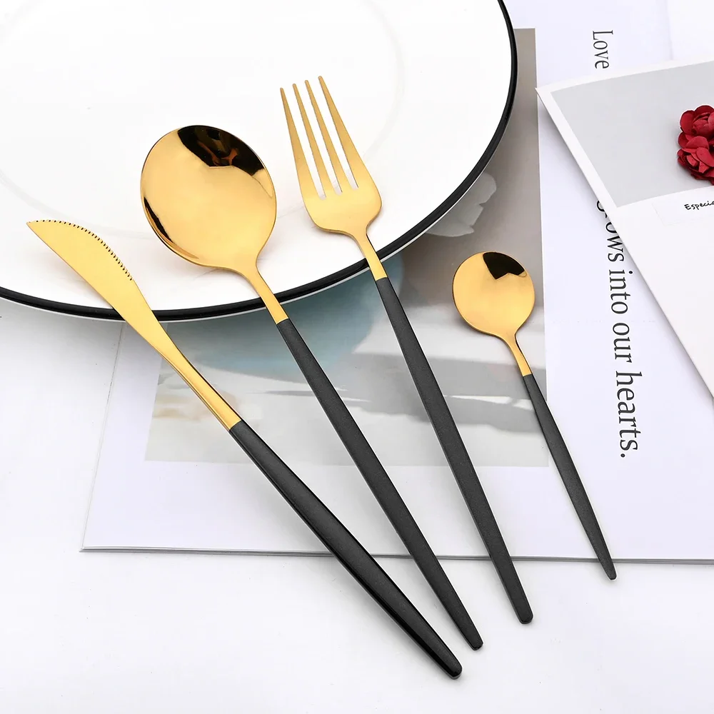 8Pcs Black Gold Dinnerware Set Stainless Steel Cutlery Set Kitchen Mirror Western Tableware Set Knife Fork Spoon Flatware Set