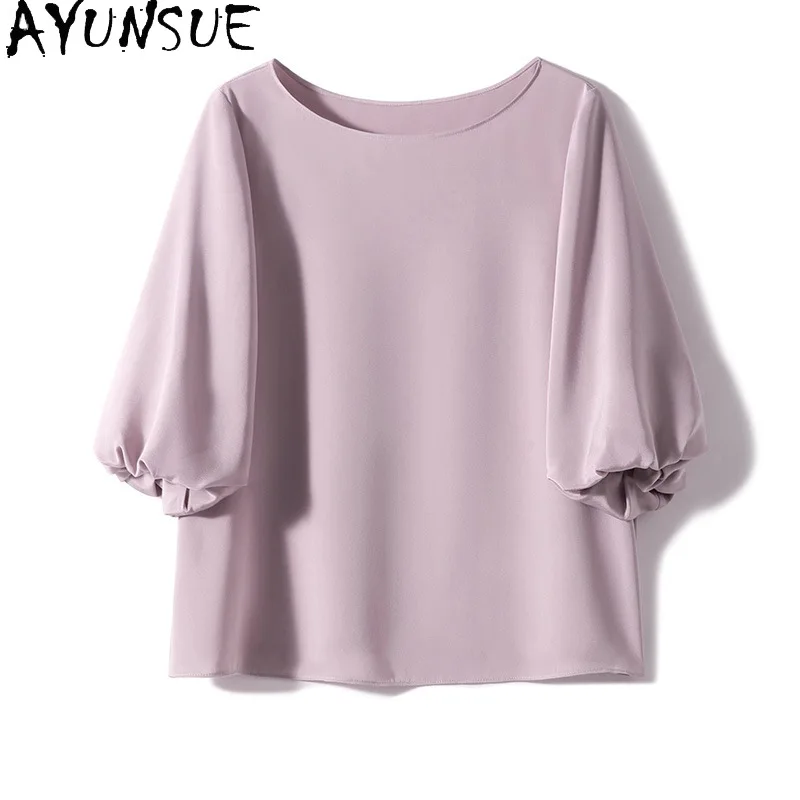 

AYUNSUE 100% Mulberry Silk Women T Shirts Good Quality Puff Sleeve Solid Color Tops for Woman Summer Woman Clothes Топ Женский