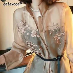 Women's Chinese Style Vintage Embroidery Elegant Shirt Stand Collar Long Sleeve Loose Blouse Ladies Summer Split Thin Tunic Tops