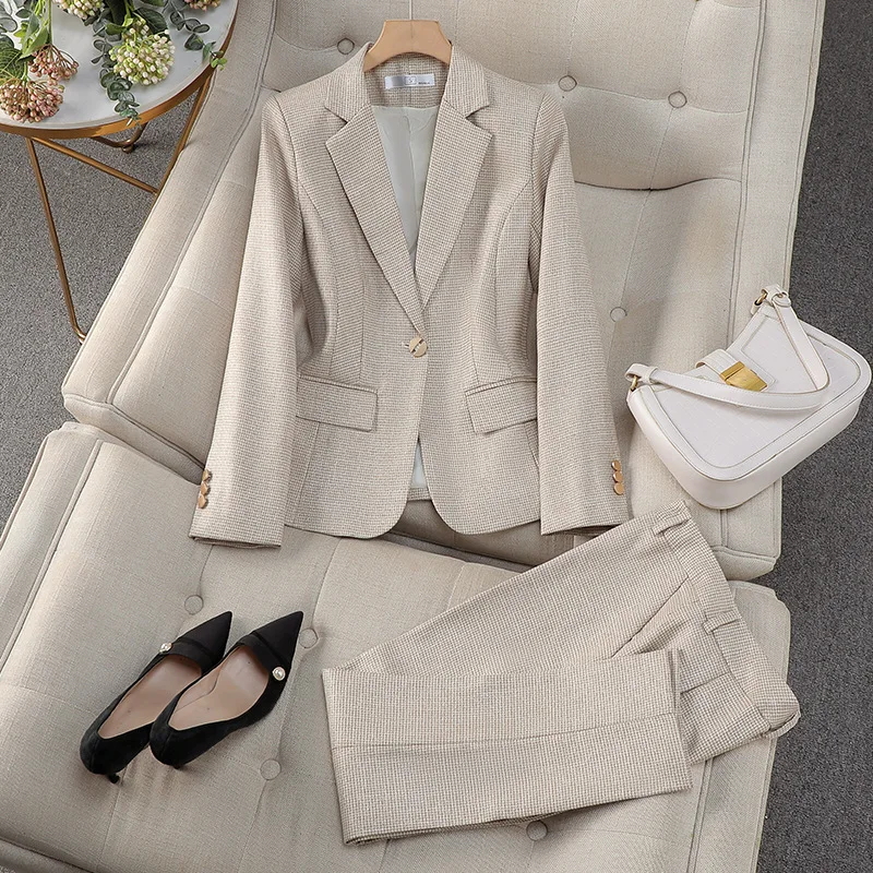 Blauwe Mode Vrouwen Kantoor Broek 2 Delige Set Nieuwe Effen Kleur Elegante Slim Fit Kraag Enkele Knop Vrouwen Broek Past 2025