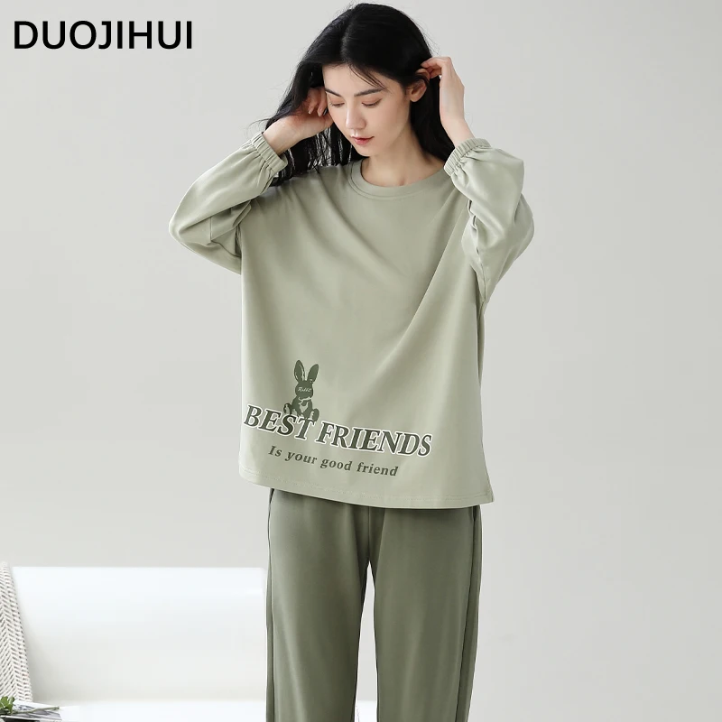 DUOJIHUI Chic Letter Print Casual Home Pajamas for Women New Classic O-neck Pullover Basic Loose Pant Simple Female Pajamas Set