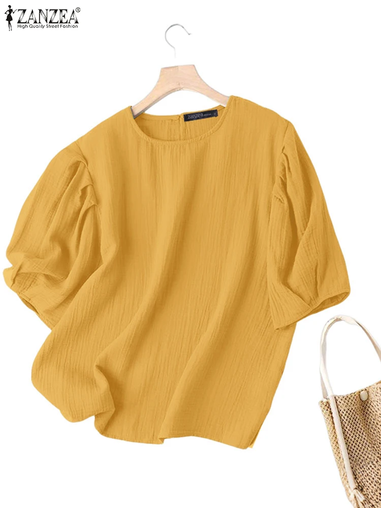 

2025 ZANZEA Fashion Blouse Summer Women Korean Tunic Tops O-Neck Casual Half Sleeve Loose Solid Color Shirts Elegant Blusas