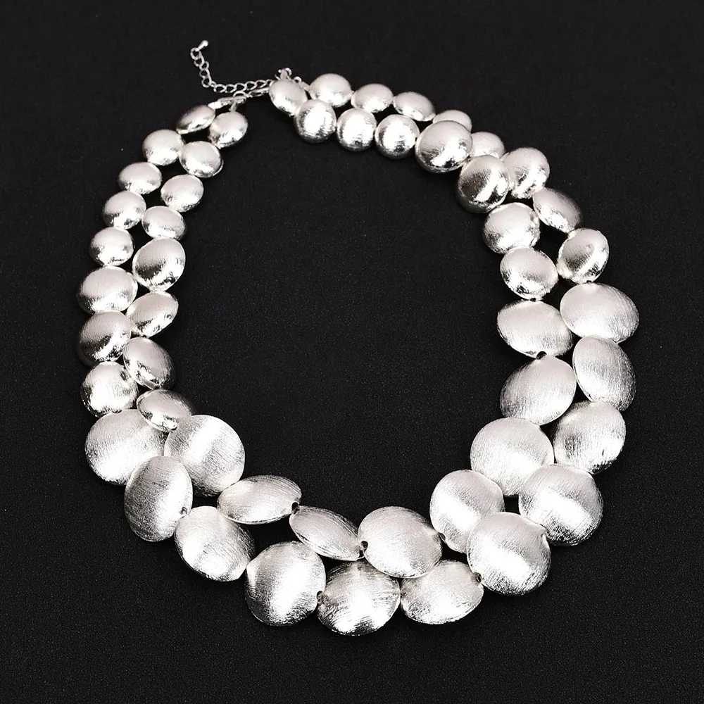 19-21'' 2 Rows Silver Color Plated Brushed Coin Beads Necklace Multi Strands Lady Necklace For Women