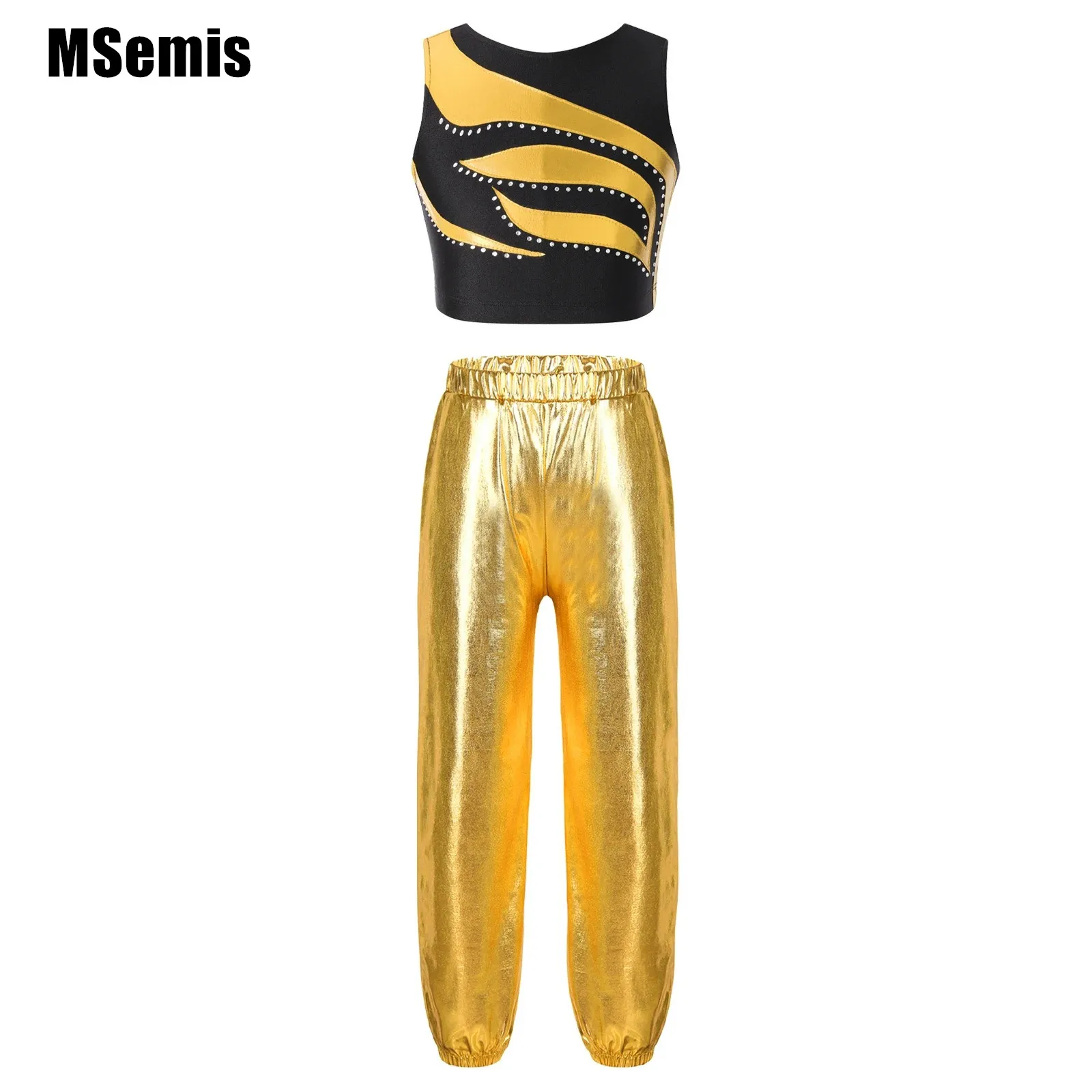 

Kids Girls Metallic Gymnastics Dance Set Shiny Rhinestones Decorated Patchwork Crop Top with Elastic Waistband Pants for Sports