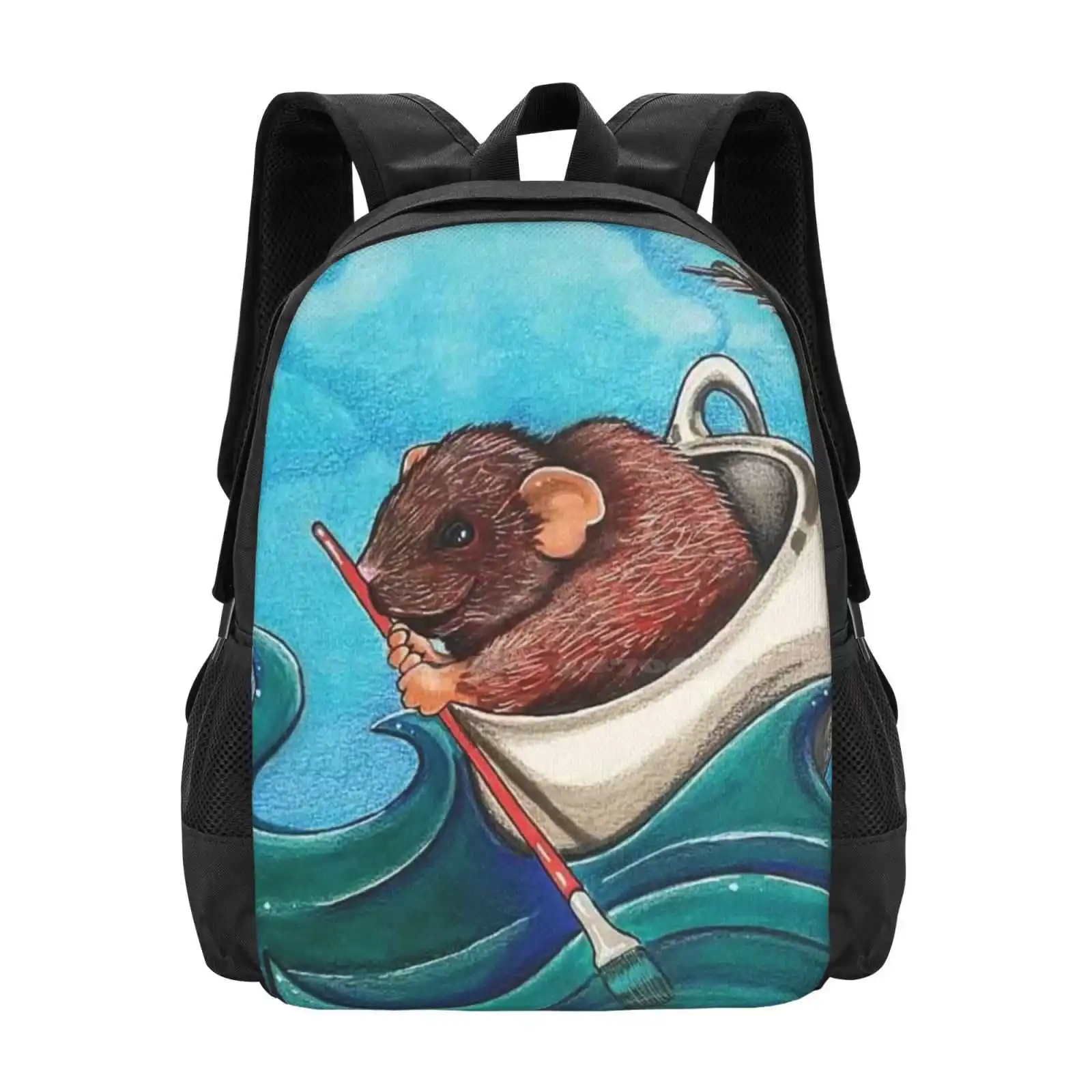 Going With The Flow Hot Sale Schoolbag Backpack Fashion Bags Rat Mouse Boat Cup Brush Sea Ocean Water Sailing Flow Blue Green