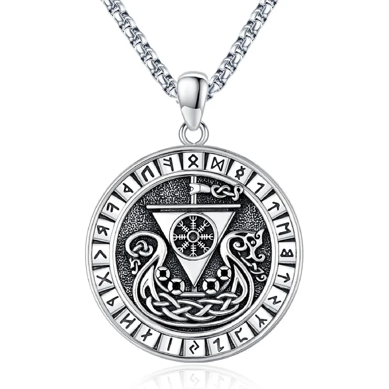 

925 Sterling Silver Viking Pendant Necklace - Thors Hammer/Norse Runes/Wolf 22"+2" Extender Men Women Gift