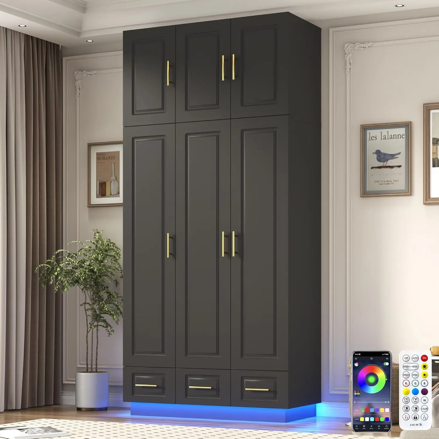 Large Armoire Wardrobe Closet Cabinet with Drawers and LED Lights MultiTier Shelves Hanging Rod  Large Capacity Storage