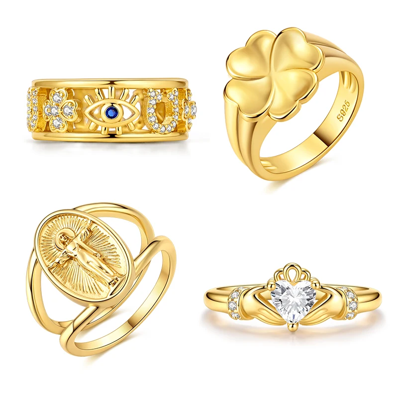 Original 925 Sterling Silver Size Size 6-9 Golden Lucky Four Clover Krada Heart Rings For Women Engagement Wedding Jewelry Gift