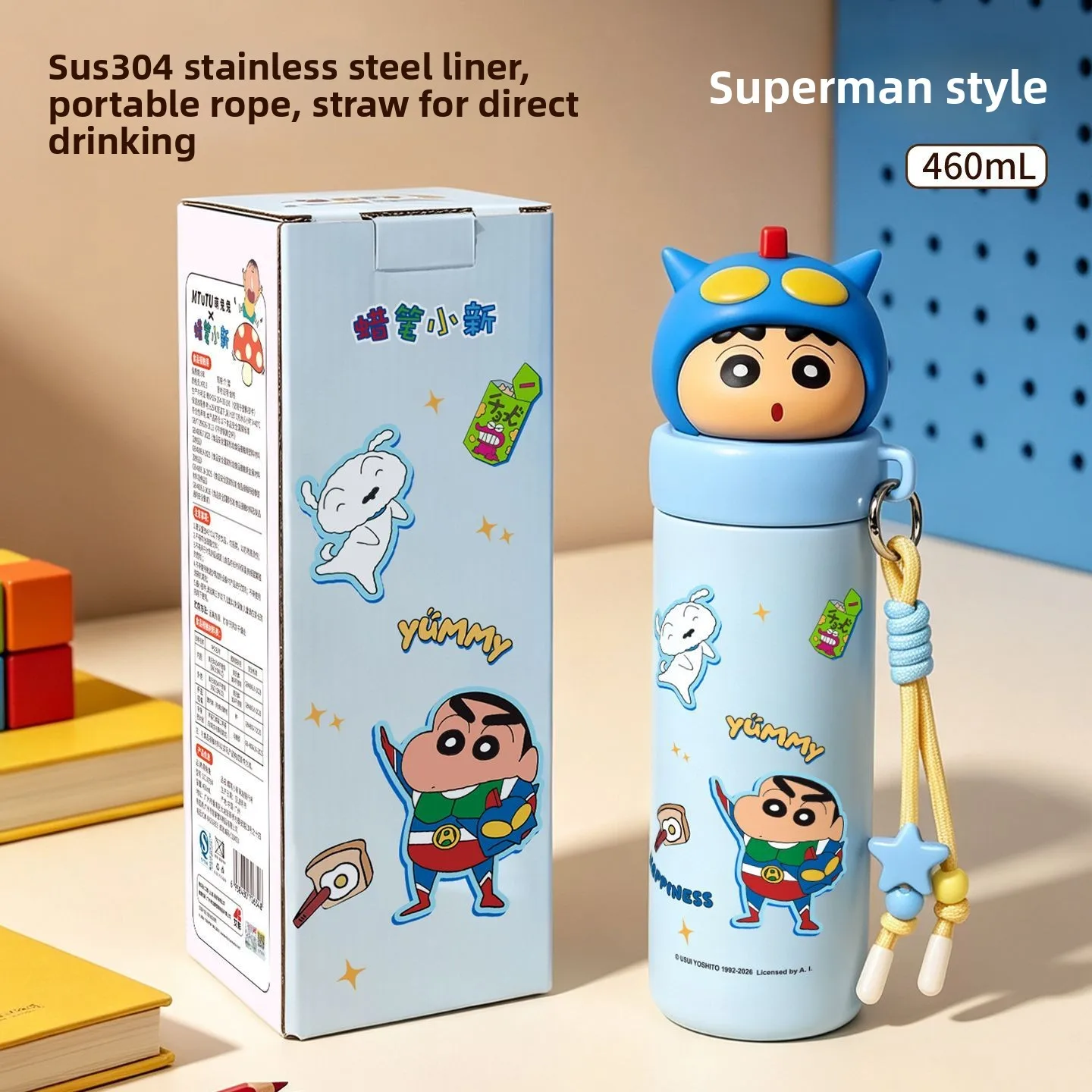 Taza Térmica de Acero Inoxidable 304 con Pajita, Diseño de Crayon Shin-chan, Muñeca de Dibujos Animados, Kawaii, Grado Alimenticio, Regalo al por Mayor de Accesorios de Animación
