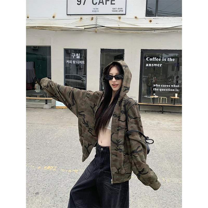 

Y2K камуфляжные толстовки женские Harajuku принт толстовки с капюшоном осень зима гранж уличная одежда с длинным рукавом повседневные куртки на молнии