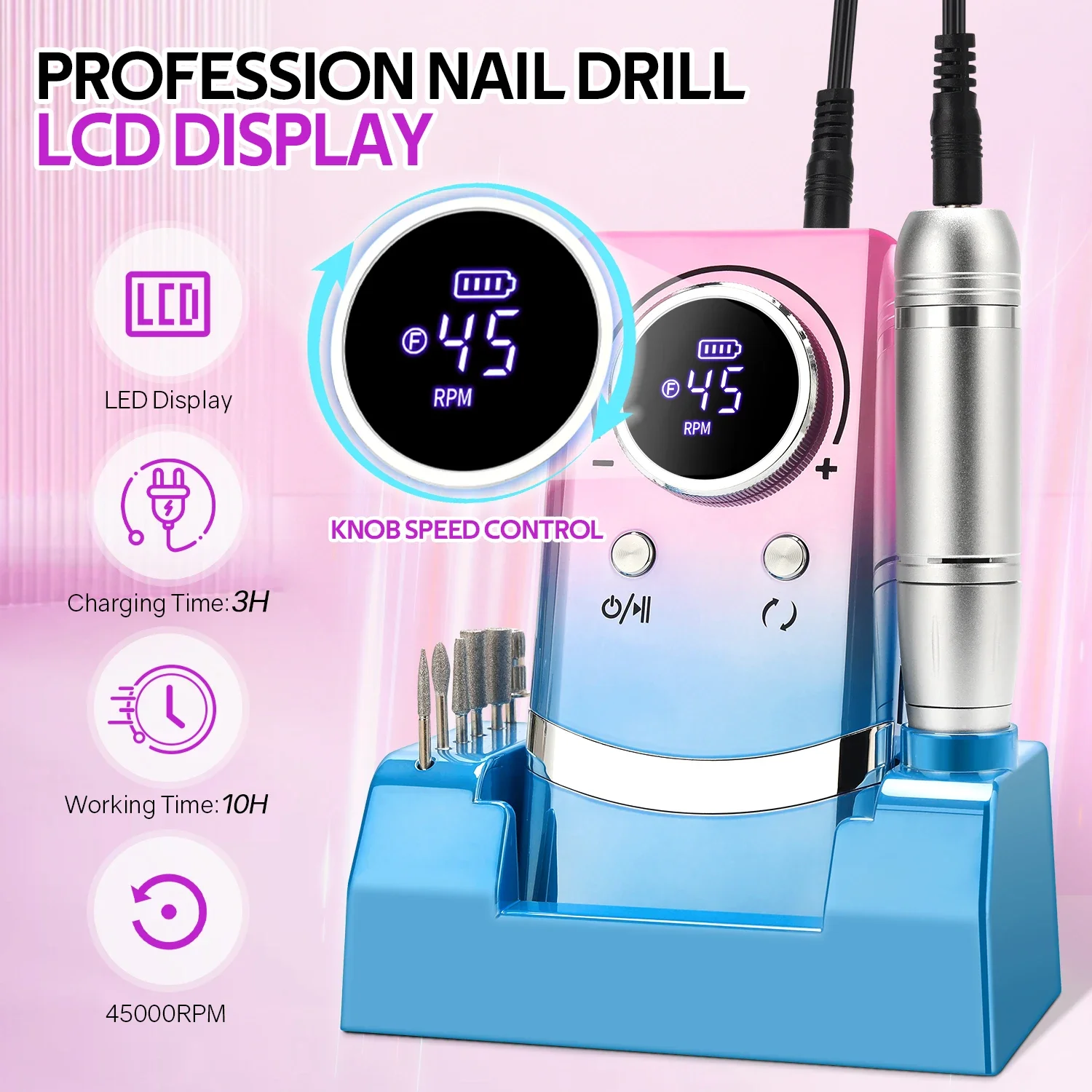 45000RPM Electric Nail Drill Machine Professional Nail Drills For Gel Nails Polish Rechargeable Portable Nail File Manicure Tool