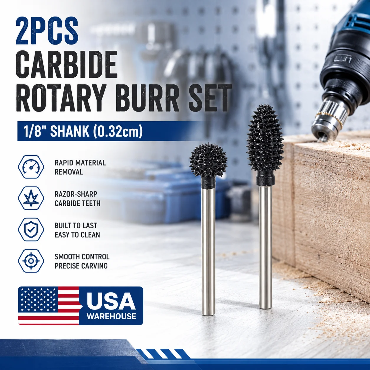 

[US shipping]CAELUM Ball&Flame Type Rotary Burr Kit 1/8’’ Shaft Wood Carving Bits Coarse Engraving Tool Dremel Accessories