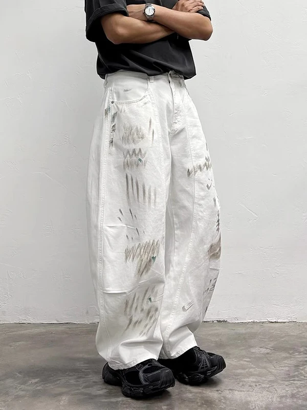 سراويل تقليدية مرسومة يدويًا بيضاء فضفاضة واسعة الساق سكين تصميم بسيط الراقية الشعور الشبابي الطاقة Sle الصيف الرجالية