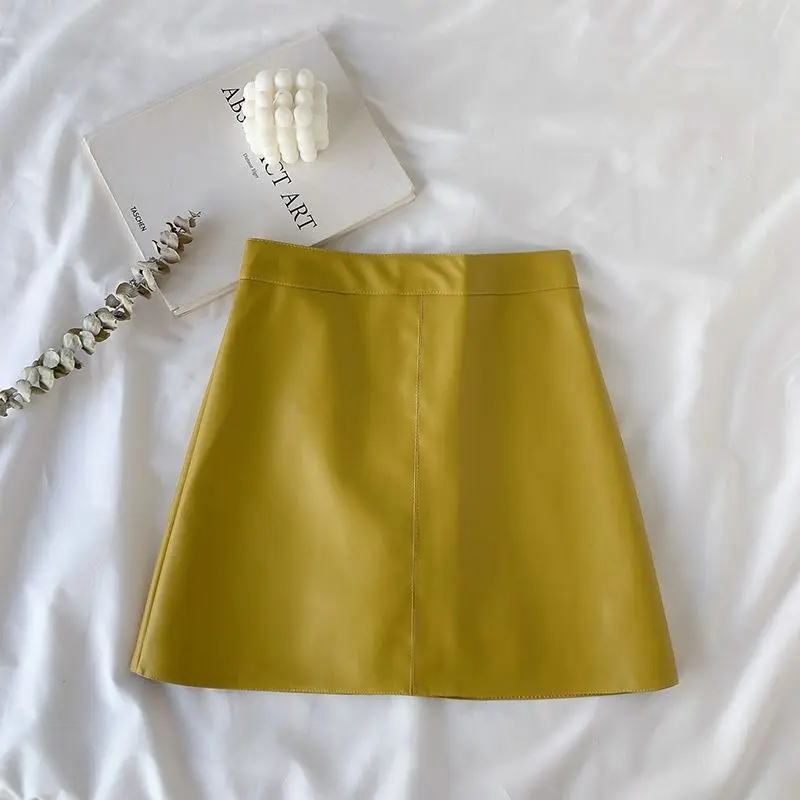 Solid Zipper Wrap Hip Leather Skirt Autumn Winter New Korean High Waist Mini Skirt Female Chic Sexy Club A-line Pu Skirts Women