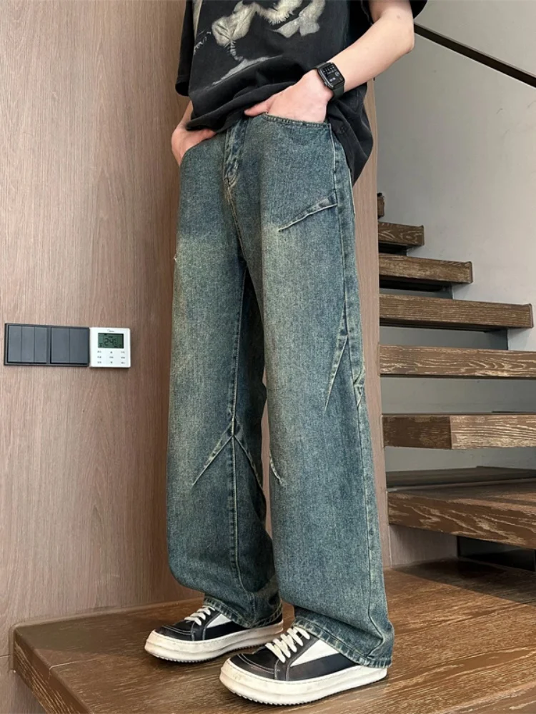 

Washed Vintage Men's Jeans Folded Design Street Style Pants Spring New Straight Loose Wide Leg Jeans Durable Wear Resistant