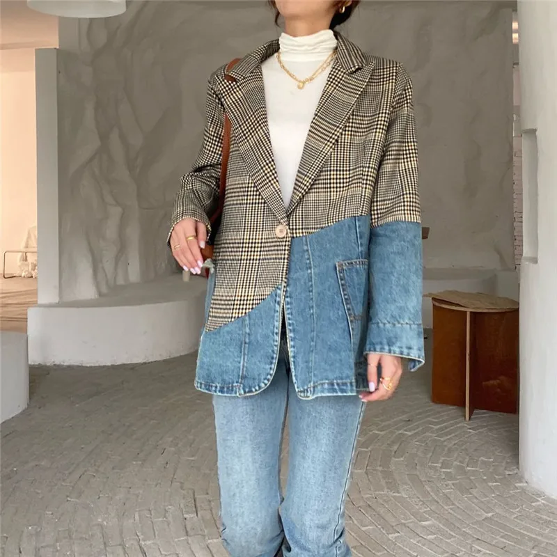 Autumn Fashion Denim Spliced Plaid Blazer Coat Women Big Pocket Jeans Patchwork Suit Jacket Female Loose Casual Mid Long Blazers